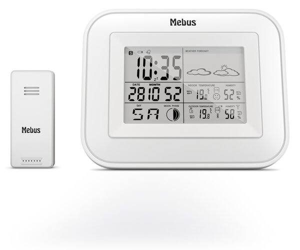 Stazione meteorologica wireless Mebus con sensore esterno, indicatore di comfort, visualizzazione di temperatura, umidità (sia interna che esterna), previsioni del tempo, fasi lunari / Materiale: plastica / Colore: bianco / Modello: 40649