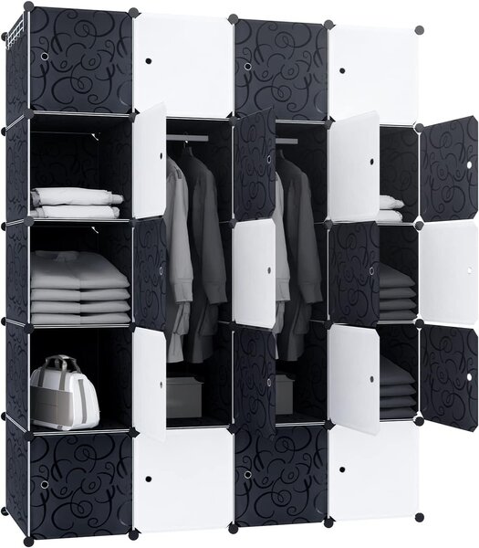 Organizzatore modulare per armadi "DIY" della marca QEENTOE, dotato di asta appendiabiti, ideale per riporre abiti, scarpe e libri, composto da 20 moduli, colore nero e bianco