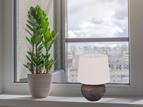 Piccola lampada da tavolo a LED rotonda a 1 luce con base in Vetroceramica e paralume in tessuto beige H25cm
