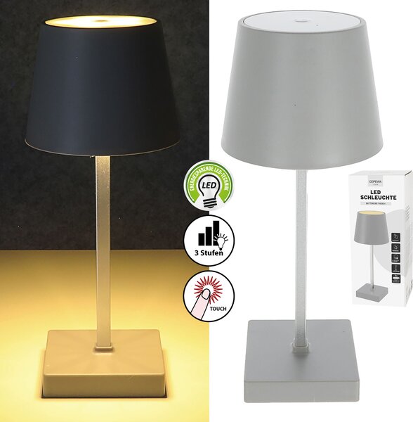 Lampada da tavolo a LED grigia, 17 LED, 8,5 x 26 cm, ABS/PS, funzione touch, alimentata a batterie, luce bianco caldo, 3 livelli di luminosità, 25 lumen, illuminazione da tavolo