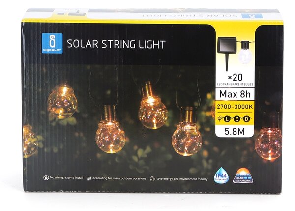 Catena luminosa a Led decorativa a energia solare 5,8 metri 20 sfere trasparenti Bianco caldo Aigostar