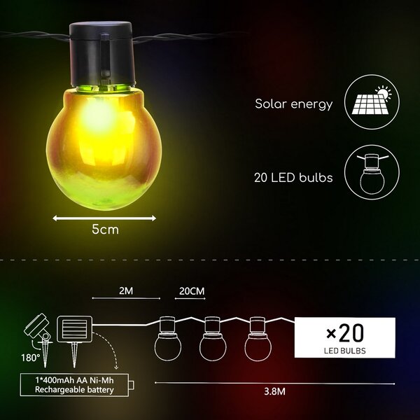 Catena luminosa a Led decorativa a energia solare 5,8 metri 20 sfere trasparenti Multicolore Aigostar