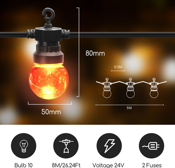 Catena luminosa a Led decorativa 8 metri 10 sfere trasparenti Multicolore a luce fissa Aigostar