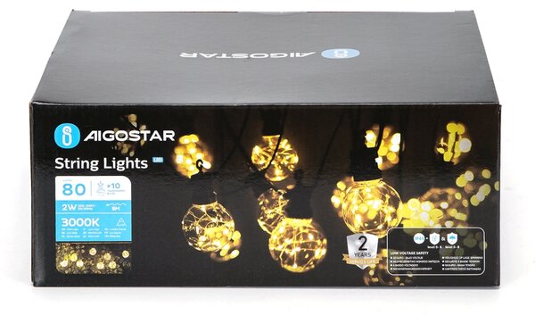 Catena luminosa a Led decorativa 8 metri 10 sfere trasparenti con minilucciole Bianco caldo a luce fissa Aigostar