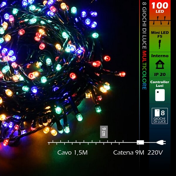 Catena di luci 8 metri da 100 Led Multicolore con cavo verde Wisdom