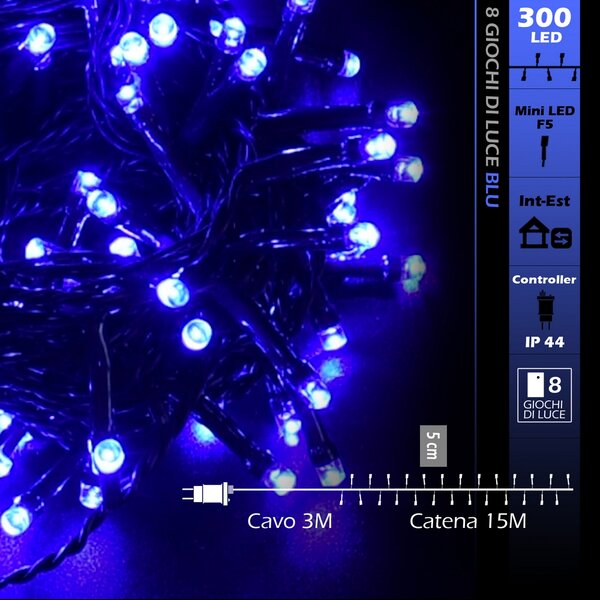 Catena di luci 15 metri da 300 Led Blu con cavo verde Wisdom