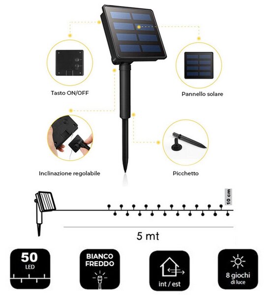 Catena decorata con 50 Perle a Led Bianco Freddo 5 metri con pannello solare Wisdom