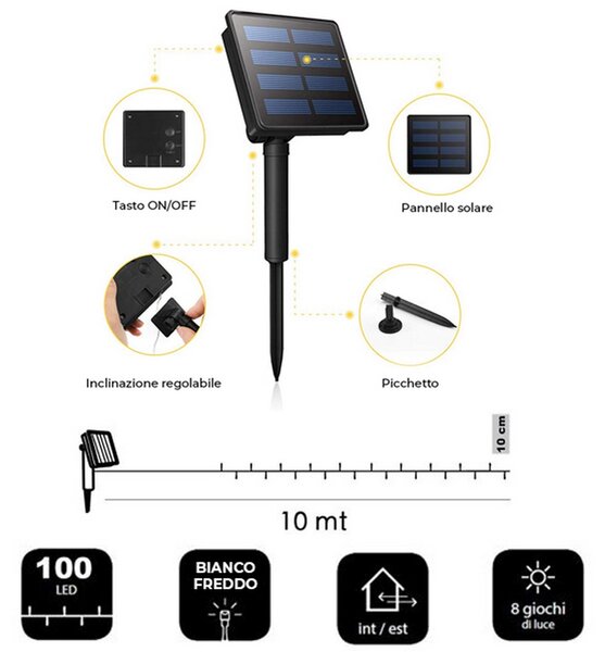 Stringa 10 metri da 100 MicroLed Bianco Freddo con pannello solare Wisdom