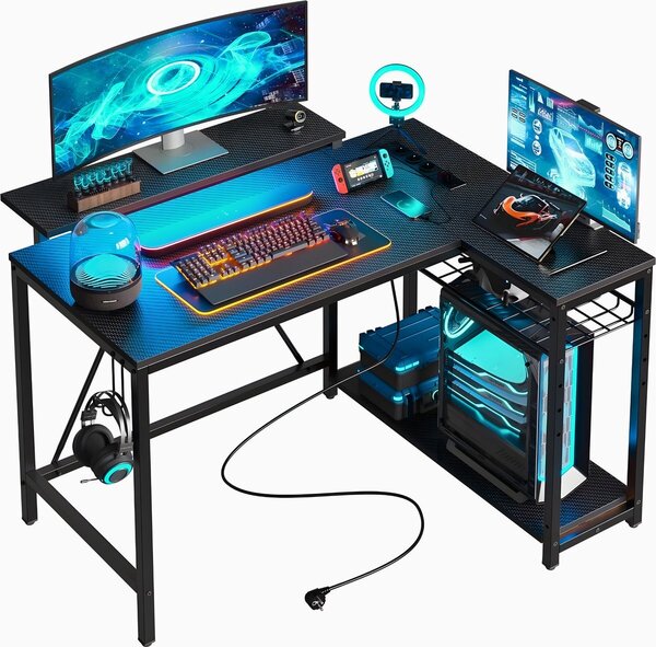 Five Stars® Scrivania da gioco a L - scrivania per computer - 107x80x76 cm - scrivania da gioco con illuminazione LED - scrivania ad angolo - fibra di carbonio nera