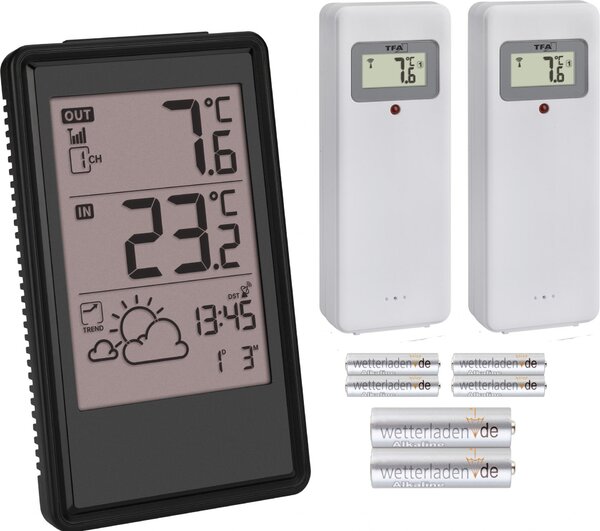 TFA 35.1170.01. Stazione meteorologica speciale 2 trasmettitori esterni Orologio radiocontrollato con data Tendenza meteorologica Sveglia: con batterie