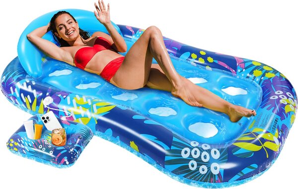 Letto gonfiabile per l'acqua, dimensioni 180x120 cm, con portabevande, colore blu