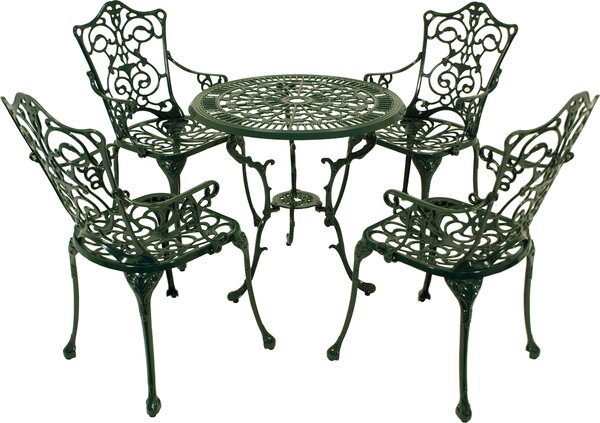 Set da giardino DEGAMO, set da bistrot in stile Art Nouveau, 5 pezzi, look retrò, 4 poltrone con braccioli e 1 tavolo rotondo da 70 cm, fusione di alluminio verde scuro, resistente alle intemperie
