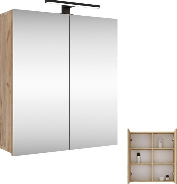 Planetmöbel Merkur Armadio a specchio per il bagno Larghezza 60 cm Armadio a sospensione per il bagno con specchio, rovere oro, con luce LED nera