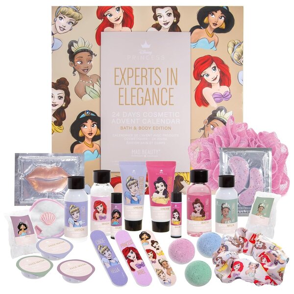 MAD Beauty - Calendario dell'Avvento delle Principesse Disney con 24 prodotti per il trucco e la cosmesi, Calendario dell'Avvento delle Principesse del benessere per le donne con maschera per il viso
