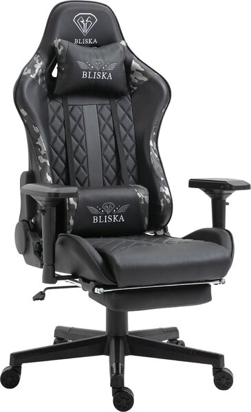 Poltrona da ufficio Chair Racing con poggiapiedi e braccioli ergonomici 4D, design sportivo ed ergonomico, colore: nero/grigio militare