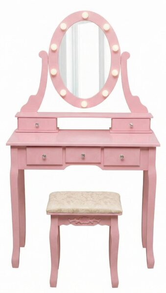 Comò da trucco con specchio LED a 360°, 5 cassetti, sgabello imbottito, piano in MDF, colore rosa cipria