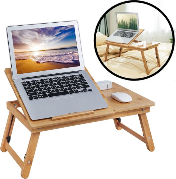 Tavolino per laptop in legno di bambù - Regolabile in altezza, inclinabile e pieghevole - Comodino per laptop, libri, tablet - Colazione a letto / comodino - Decopatente