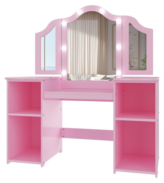 Comò per bambini 2 in 1 con sgabello, specchio triplo touch, illuminazione LED, scrivania in MDF, colore rosa