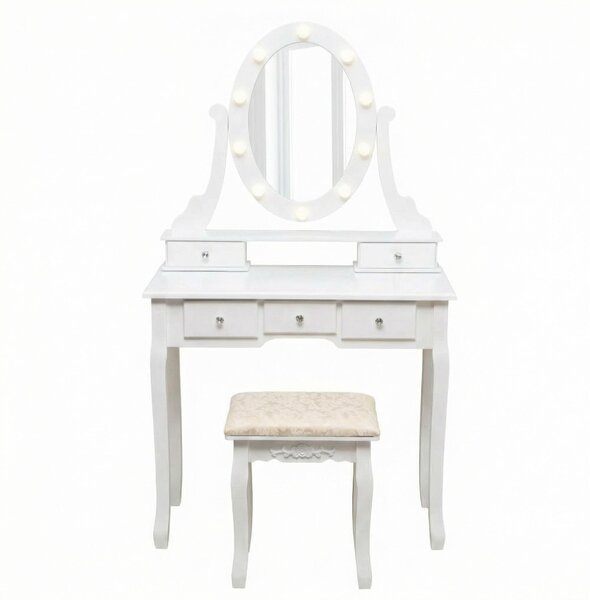Comò da trucco con specchio LED a 360°, 5 cassetti, sgabello imbottito e piano in MDF, colore bianco classico