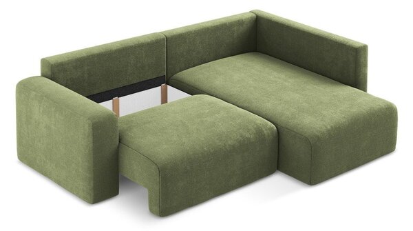 Divano angolare verde allungabile/con contenitore (con penisola a destra/a L) con rivestimento in ciniglia Kona – Makamii