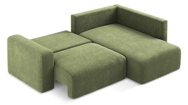 Divano angolare verde allungabile/con contenitore (con penisola a destra/a L) con rivestimento in ciniglia Kona – Makamii