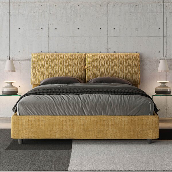 Letto Matrimoniale 160x190 cm con Rete e Contenitore con Testata e Alzata Comoda Imbottito in Tessuto Aragona Mados Giallo