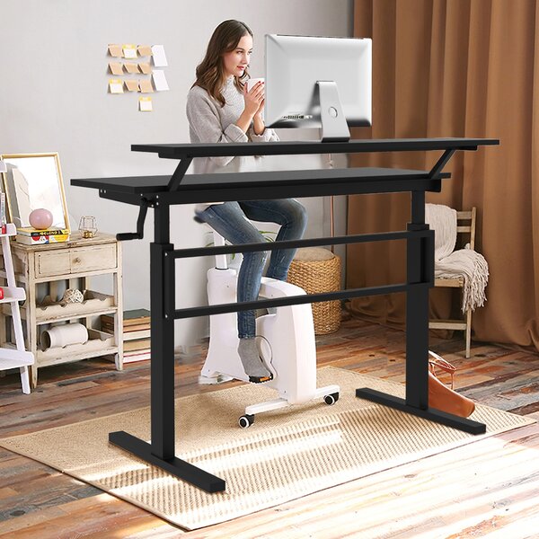 Costway Scrivania con altezza regolabile con 2 livelli, Postazione da lavoro sit to stand con mensola Nero
