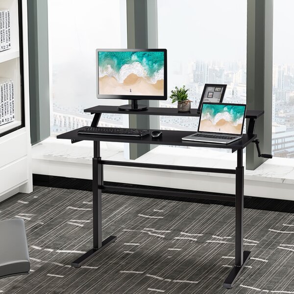 Costway Scrivania con altezza regolabile con 2 livelli, Postazione da lavoro sit to stand con mensola Nero