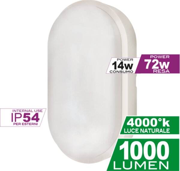 PLAFONIERA SENSITIVE LED CON SENSORE 14 W 1000LM IP54 OVALE BIANCA