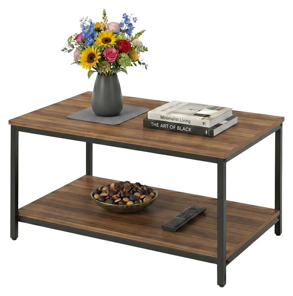 Tavolino Relaxdays, con ripiano, materiale derivato dal legno e metallo, vano portaoggetti, A x L x P: 42 x 80 x 50 cm, tavolino da salotto, marrone/nero