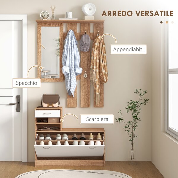 HOMCOM Mobile Appendiabiti 3 in 1 con Scarpiera e Specchio, Ganci e Cassetti, in Legno per l'ingresso, 90x24x177 cm, Bianco e Noce | Aosom Italy