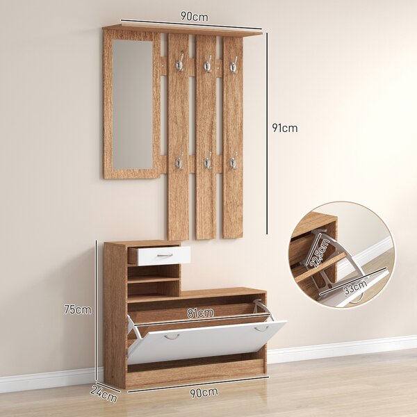 HOMCOM Mobile Appendiabiti 3 in 1 con Scarpiera e Specchio, Ganci e Cassetti, in Legno per l'ingresso, 90x24x177 cm, Bianco e Noce | Aosom Italy