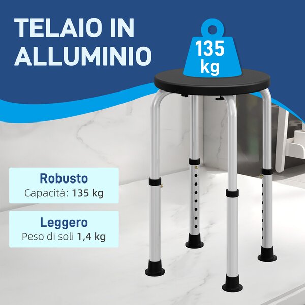 HOMCOM Sgabello da Doccia Antiscivolo e Regolabile su 8 Altezze, in Alluminio e PE, 32.5x41x35.5-54 cm, Nero | Aosom Italy