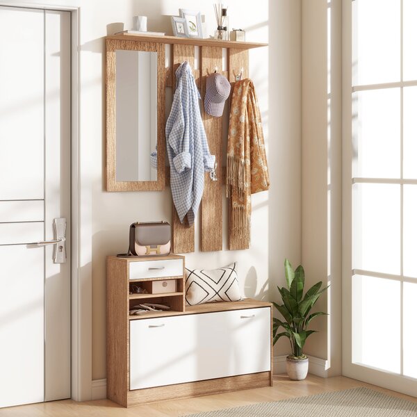 HOMCOM Mobile Appendiabiti 3 in 1 con Scarpiera e Specchio, Ganci e Cassetti, in Legno per l'ingresso, 90x24x177 cm, Bianco e Noce | Aosom Italy