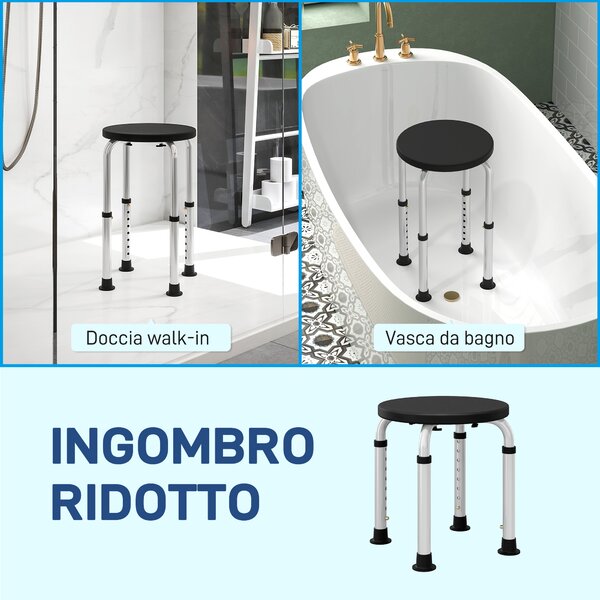 HOMCOM Sgabello da Doccia Antiscivolo e Regolabile su 8 Altezze, in Alluminio e PE, 32.5x41x35.5-54 cm, Nero | Aosom Italy
