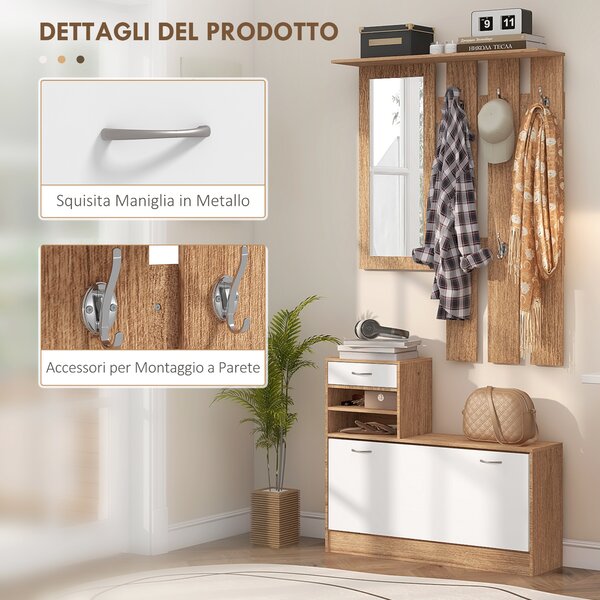 HOMCOM Mobile Appendiabiti 3 in 1 con Scarpiera e Specchio, Ganci e Cassetti, in Legno per l'ingresso, 90x24x177 cm, Bianco e Noce | Aosom Italy