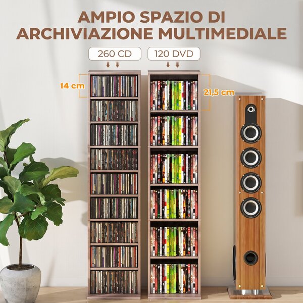 HOMCOM Scaffale Porta CD con 6 Ripiani Regolabili, Capacità di 260 CD/120 DVD, 33x24x140 cm, Color Legno | Aosom Italy