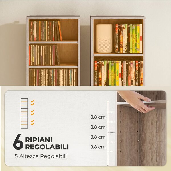 HOMCOM Scaffale Porta CD con 6 Ripiani Regolabili, Capacità di 260 CD/120 DVD, 33x24x140 cm, Color Legno | Aosom Italy