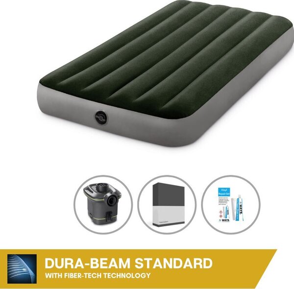 Letto gonfiabile Intex - 1 persona - 99 x 191 x 25 cm - Verde - Con pompa + lenzuolo nero + set di riparazione