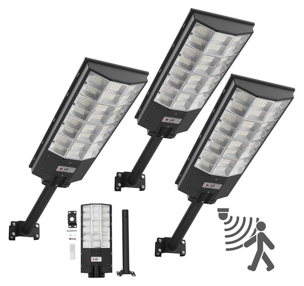 Lampione solare - Set di 3 lampioni LED da 8000 W - Luminosità 450000 lm - Sensore crepuscolare - Rilevatore di movimento - Impermeabile IP67 - Proiettore LED per esterni - Vialetto e cortile
