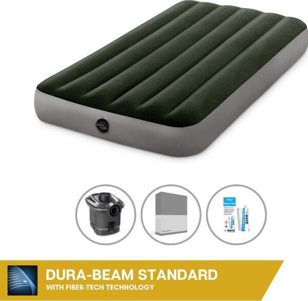 Letto ad aria Intex - 1 persona - 99 x 191 x 25 cm - Verde - Con pompa + lenzuola antracite + set di riparazione