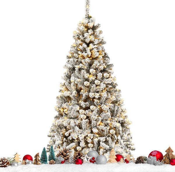 Costway Albero di Natale 180 cm in PVC 600 rami, Abete artificiale innevato illuminato con solida base di metallo, Bianco