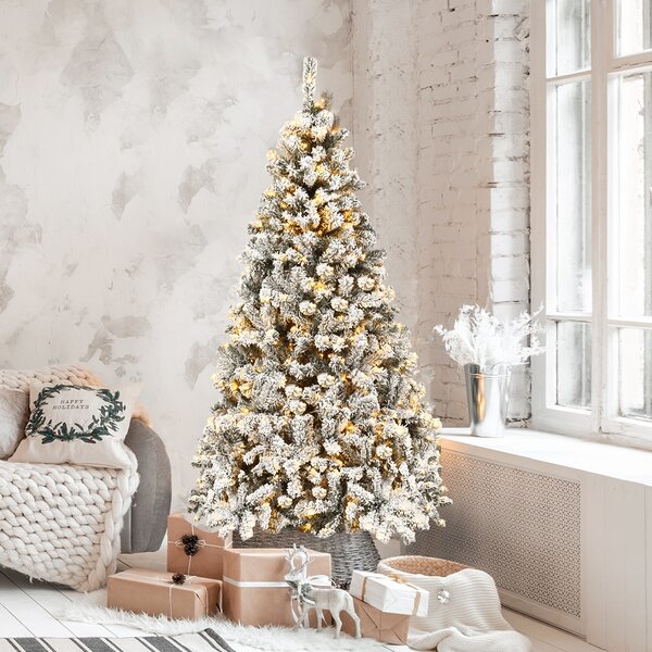 Costway Albero di Natale 180 cm in PVC 600 rami, Abete artificiale innevato illuminato con solida base di metallo, Bianco