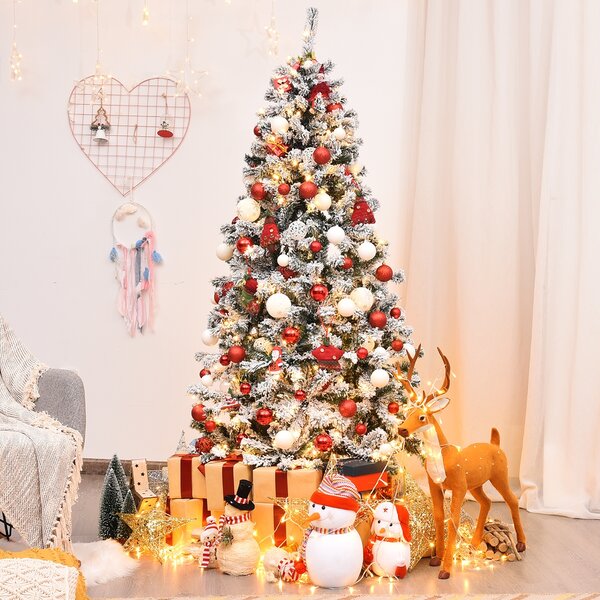 Costway Albero di Natale 180 cm in PVC 600 rami, Abete artificiale innevato illuminato con solida base di metallo, Bianco