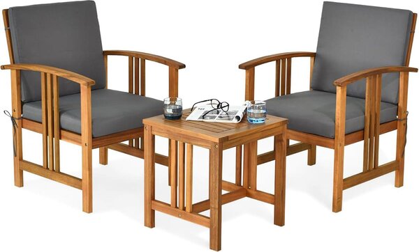KOMFOTTEU Set di mobili da giardino in 3 pezzi per 2 persone, legno di acacia, mobili da giardino con cuscini, 1 tavolo e 2 poltrone, cuscini rimovibili, per cortile, terrazza, soggiorno