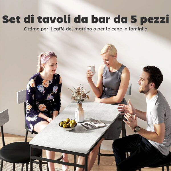 HOMCOM Set Tavolo Alto e 4 Sgabelli da Bar con Schienale e Poggiapiedi in Stile Industriale, Grigio Cemento | Aosom Italy