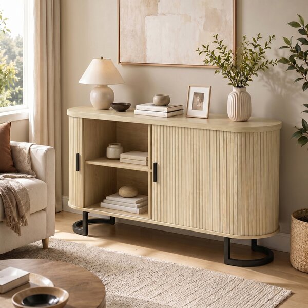 HOMCOM Credenza da Soggiorno, Mobile Contenitore Ovale con 2 Porte Scorrevoli e Ripiani Regolabili, 140x40x75 cm, Legno Naturale | Aosom Italy