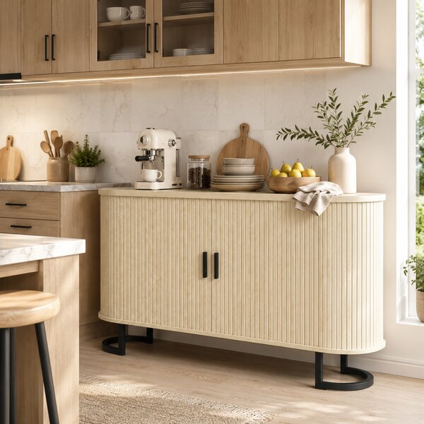 HOMCOM Credenza da Soggiorno, Mobile Contenitore Ovale con 2 Porte Scorrevoli e Ripiani Regolabili, 140x40x75 cm, Legno Naturale | Aosom Italy