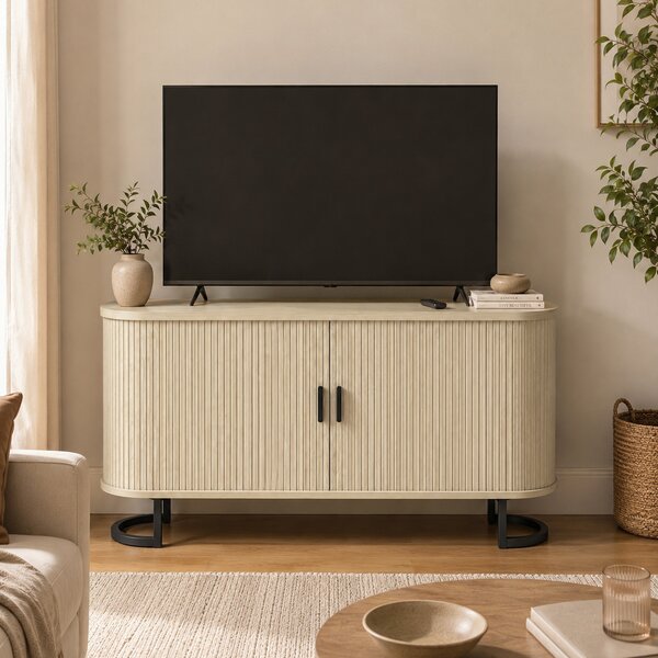 HOMCOM Credenza da Soggiorno, Mobile Contenitore Ovale con 2 Porte Scorrevoli e Ripiani Regolabili, 140x40x75 cm, Legno Naturale | Aosom Italy