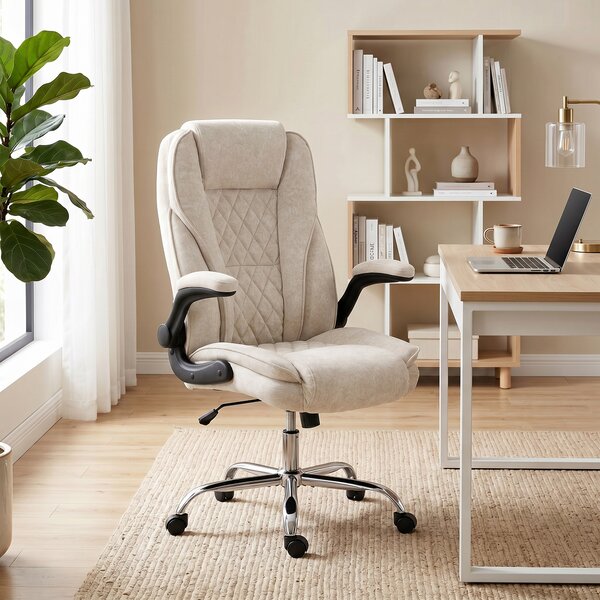 HOMCOM Poltrona da Ufficio, Sedia da Ufficio Ergonomica, Altezza Regolabile, Braccioli Reclinabili, 70x70x114-122 cm, Beige | Aosom Italy